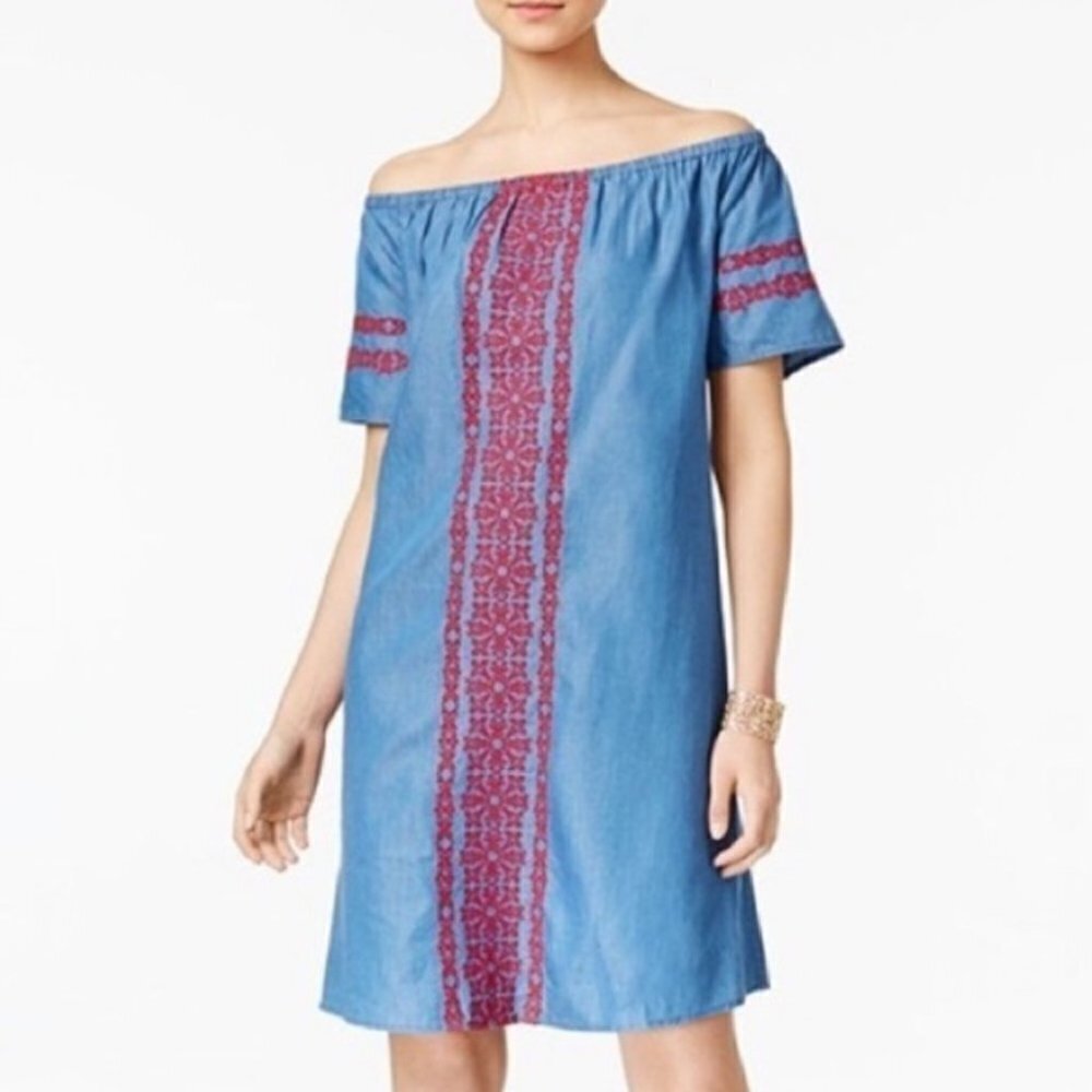 Style & Co Off The Shoulder Voyage Sunwash Chambray  Embroidery Dress